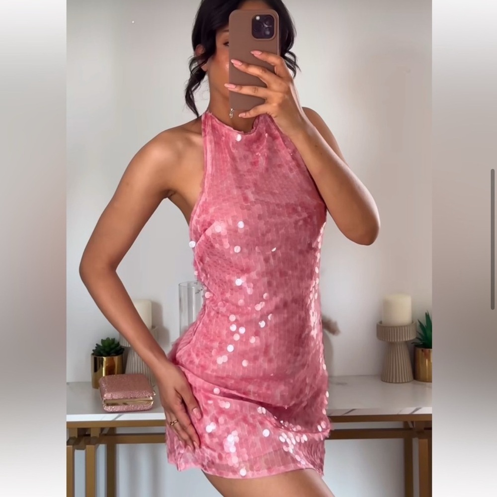 Zara Pink Sequin Halter Dress